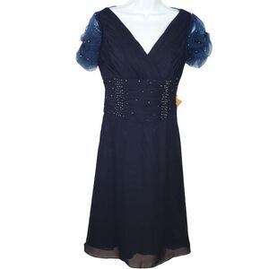 NEW Light in the Box Dress Navy Blue Sz 6 Beaded V Neck Gathered Bodice A Line